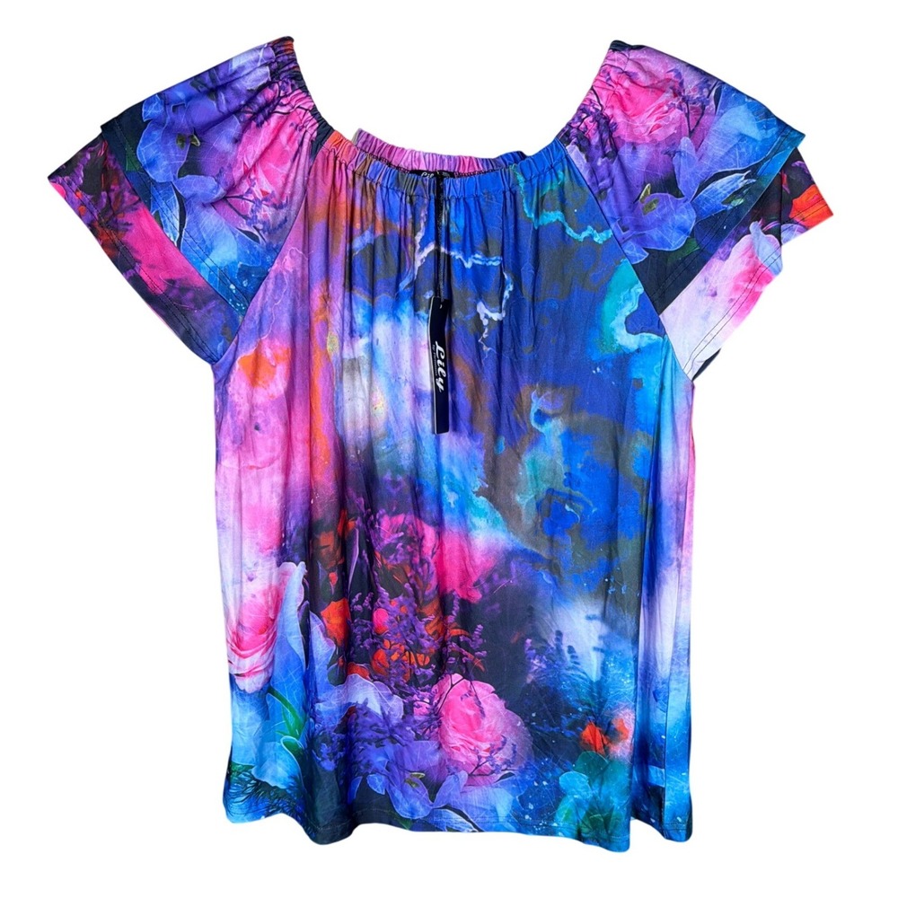 Lily by Firmiana Top Womens 3XL Multicolor Floral Abstract Short Sleeve NEW